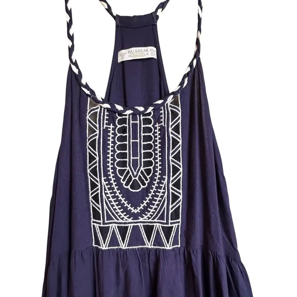 Pull & Bear Navy Embroidered Maxi Dress Boho Racerback Sleeveless Small